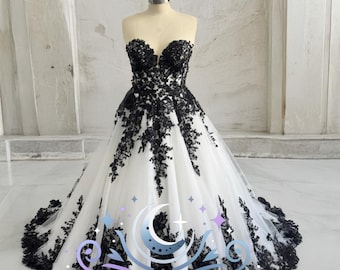 Shadow Rose Ball Gown Black Lace Wedding Dress Bridal Gown Sleeveless Strapless Sweetheart Neckline Corset Back Black White Gothic Dream