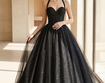 Black Sparkle Wedding Dress Gothic Bridal Gown, Halter Ball Gown, Alternative Wedding Dress, Glitter Tulle Bride Dress Winifred