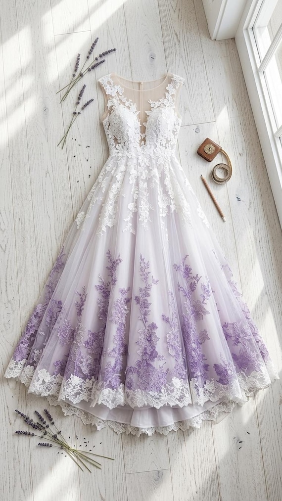 Lavender Whispers A-Line Wedding Dress - Purple Floral Lace, Illusion Bodice, Sheer Back, and Chapel Train for a Romantic Bridal Look