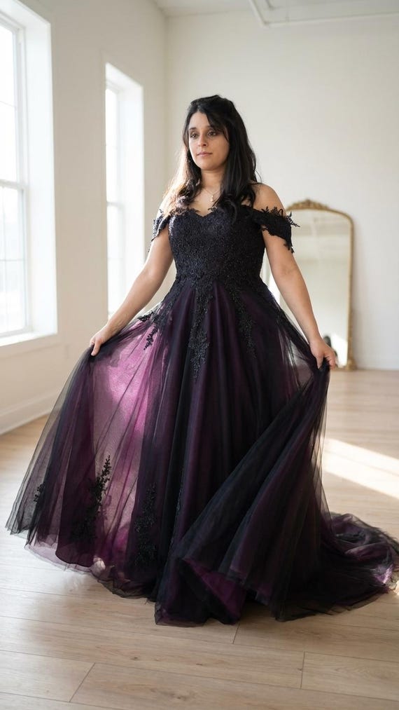 Lysandra Gothic Wedding Dress, Black Lace Off-Shoulder Bridal Ball Gown Lysandra Gothic Wedding Dress, Black Lace Off-Shoulder Bridal Ball Gown