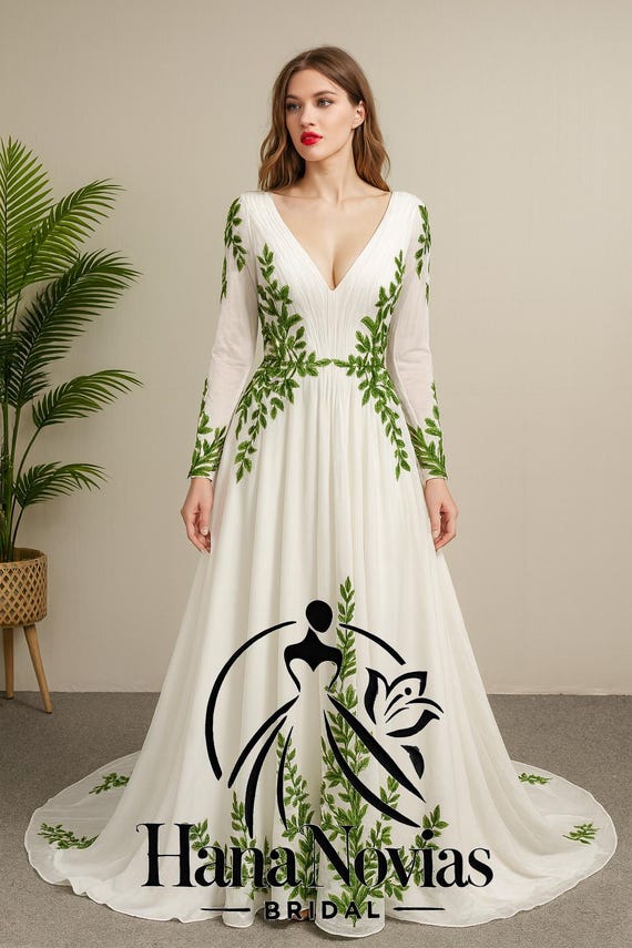 Eve – Long Sleeve Leaf Embroidered Wedding Dress | V-neck Forest