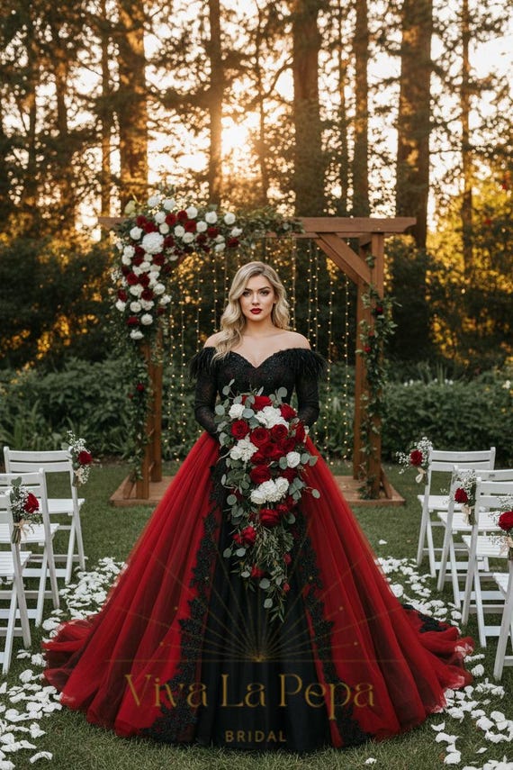 Crimson Raven - Black and Red Gothic Wedding Dress | Corset Ball Gown | Feather Sleeves | Dark Fantasy Bridal Gown