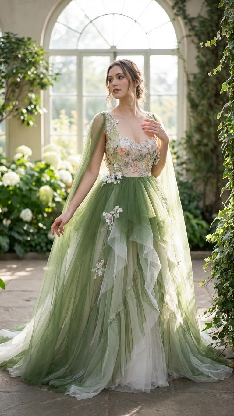 Mosslight Fantasy Wedding Dress | Green Ombre Tulle Gown with Cape Sleeves | Woodland Fairy Bridal Dress | Forest Vibes Mosslight Fantasy Wedding Dress | Green Ombre Tulle Gown with Cape Sleeves | Woodland Fairy Bridal Dress | Forest Vibes