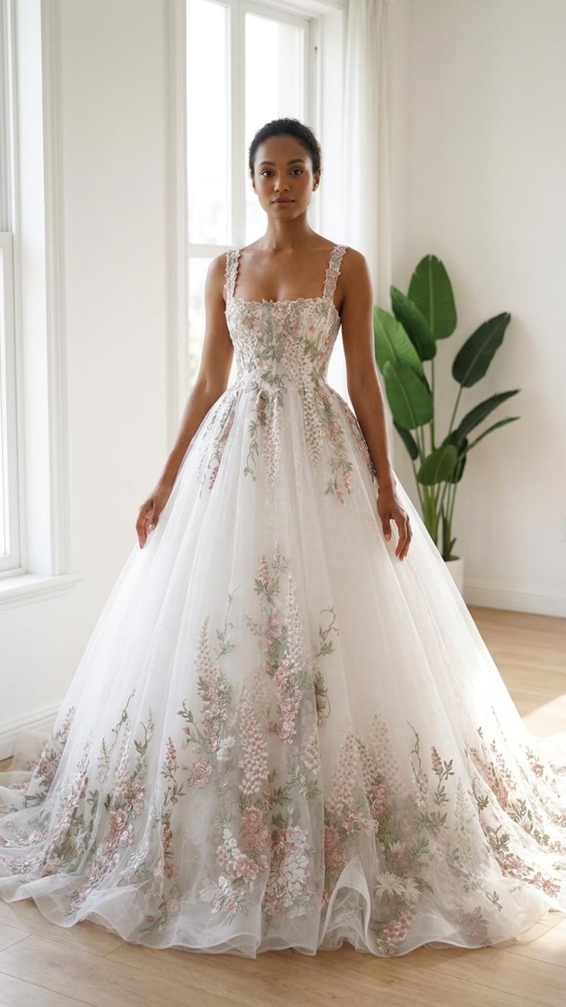 Floral Wedding Dress, Pink Embroidered Bridal Gown, Romantic Garden Floral Wedding Dress, Pink Embroidered Bridal Gown, Romantic Garden