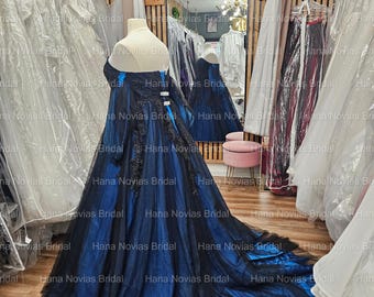 Meena - Black and Blue Gothic Wedding Dress | Off-Shoulder Lace Ball Gown | Dark Fantasy Bridal Gown with Dramatic Train Meena - Black and Blue Gothic Wedding Dress | Off-Shoulder Lace Ball Gown | Dark Fantasy Bridal Gown with Dramatic Train