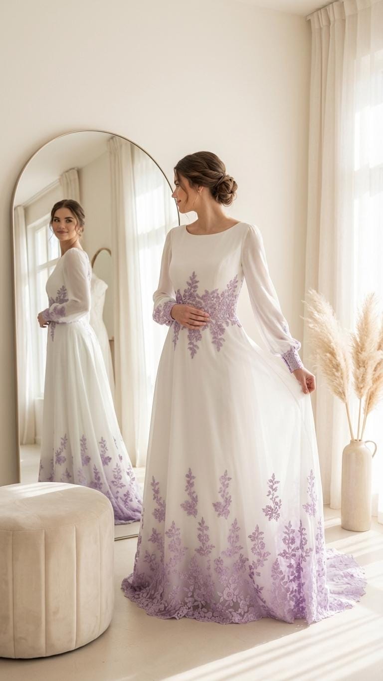lace lavender wedding dress Lavender Floral Wedding Dress with Sleeves, Romantic A-Line Bridal Gown, Lavender Ombre Wedding Dress
