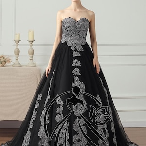 Strapless Blush or Black Floral Wedding Dress Ball Gown | Lace Corset Back Bridal Dress with Train | “Feli” | Sleeveless | Alternative Bride
