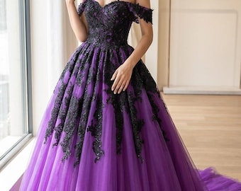 Aviva Purple and Black Gothic Wedding Dress | Dramatic Ball Gown with Lace Appliqué | Alternative Bridal Gown for Fantasy Weddings
