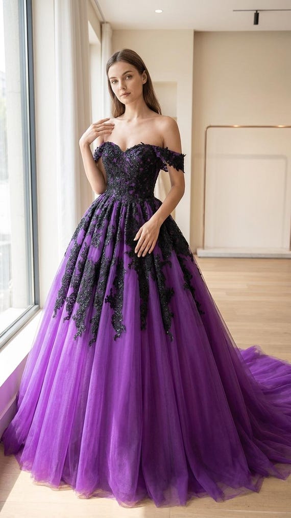 formal black and purple dress Purple Tulle Beaded Long A-line Prom Dress Formal Dress, Purple Evenin main image 0