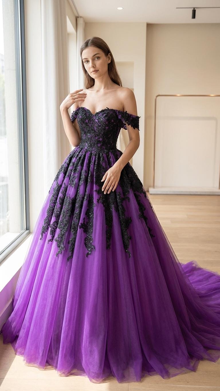 Aviva Purple and Black Gothic Wedding Dress | Dramatic Ball Gown With Lace  Appliqu | Alternative Bridal Gown for Fantasy Weddings - Etsy