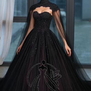 Hazel Gothic Black Purple Wedding Dress, Ball Gown with Sweetheart Bodice & Beaded Cape, Dark Fairytale Bridal Gown Alternative Bride