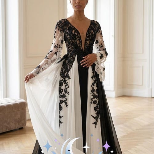 champagne and black lace dress Bridget Black Lace Champagne Wedding Dress: Trumpet Mermaid Gown with Cape Veil
