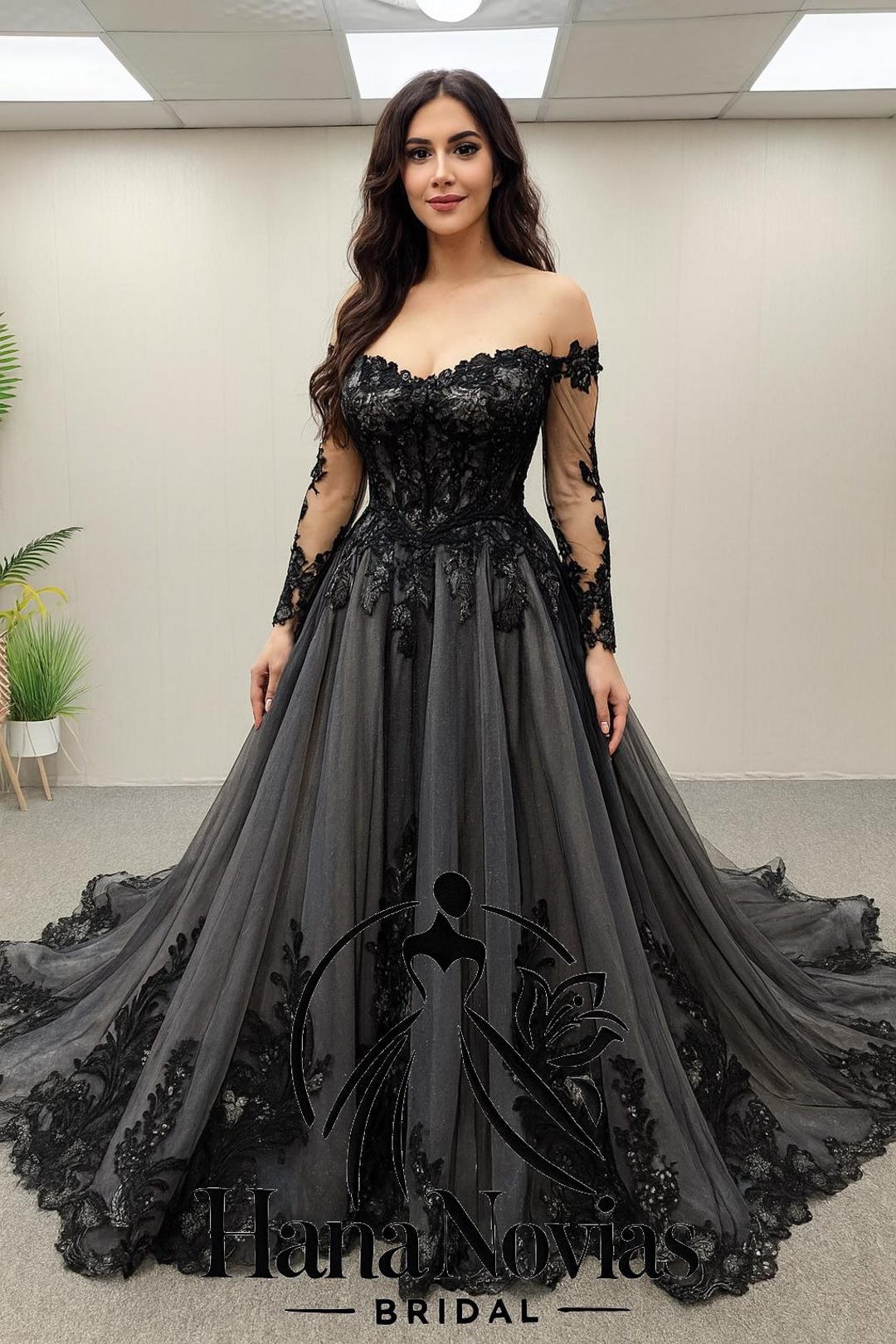Emmerson Gothic Black Wedding Dress With Sleeves, Corset Back, Lace ...
