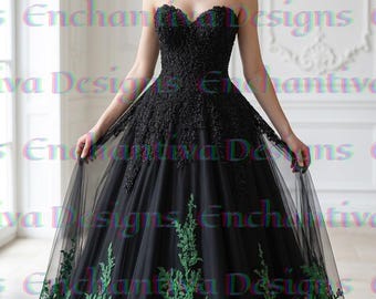 Shadowfern Black and Green Wedding Dress – Off Shoulder Lace Ball Gown – Gothic Forest Bridal Dress – Custom Fantasy Gown Halloween Wedding
