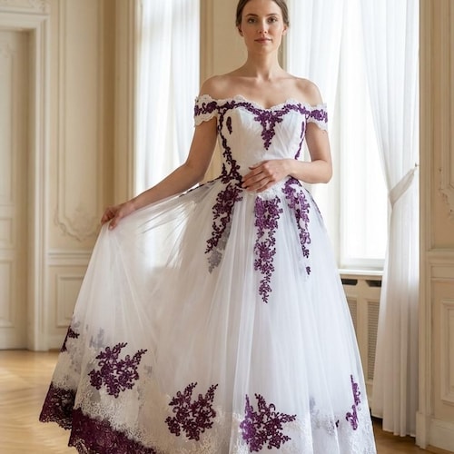 dark purple and white wedding dresses Shannon Embroidered Purple Victorian Wedding Dress: 2-in-1 Aline Gown