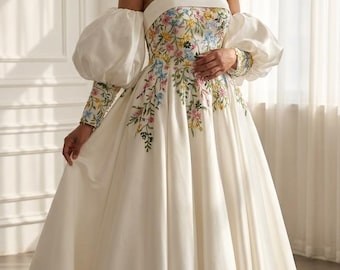 Aster Floral Lace Wedding Dress – Off-Shoulder Puff Sleeve Ball Gown, Embroidered Bodice, Chapel Train, Custom Size