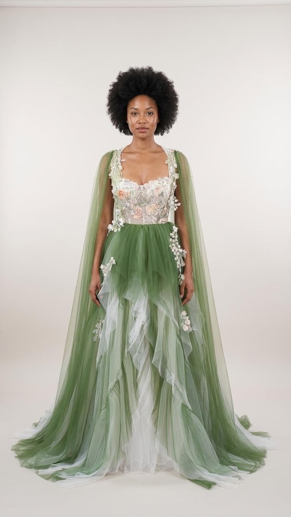 Mosslight Fantasy Wedding Dress | Green Ombre Tulle Gown With Cape Sleeves  | Woodland Fairy Bridal Dress | Forest Vibes - Etsy Israel
