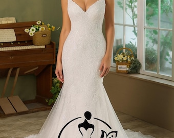 Keely Beaded Mermaid Wedding Dress – Elegant Lace Gown with Sweetheart Neckline, Spaghetti Straps, Lace-Up Back & Tulle Train Fitted Style