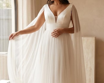 Easton Minimalist Wedding Dress with Cape Sleeves, V-Neck Chiffon Gown, Modest A-line Bridal Gown with Chapel-Length Train