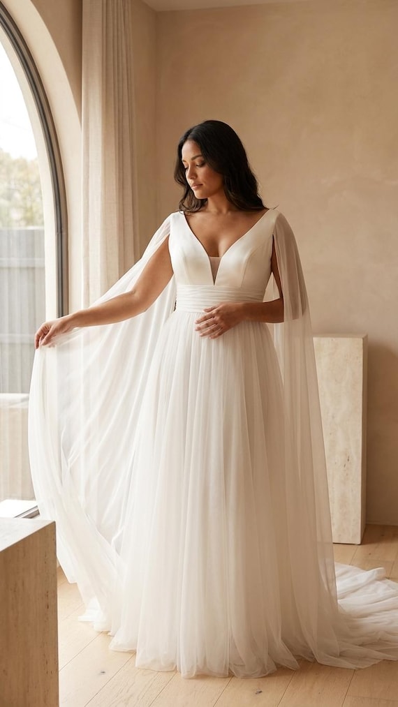 a line wedding dress with cape Easton Minimalist Sleeves, V-neck Chiffon Gown, Modest A-line Bridal Gown With Chapel-length Train Color:CHAMPAGNE Ankle Length Wedding Dresses, priority-04-amara-backless-ballerina-dress-peppermint The shoulder Sweep Train Neckline