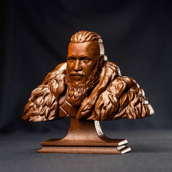 Wooden statue of Ragnar Lothbrok, hero of the series Vikings