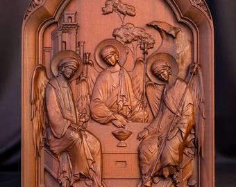 Carved Wooden Holy Trinity Icon: Orthodox Christian Wall Art