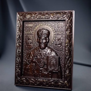 Carved Saint Nicholas Icon: Thermo-Treated Beech Christian Wall Art
