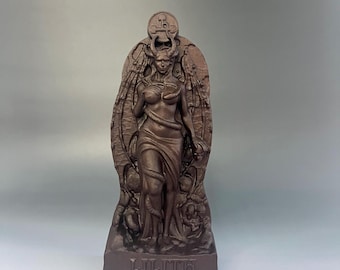 May include: A brown, 3D printed statue of a female figure with wings and a snake wrapped around her. The statue is standing on a base with the word "Lilith" inscribed on it.