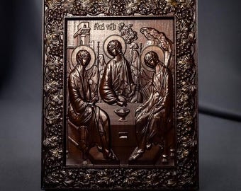 Wooden Carved Holy Trinity Icon: Orthodox Christian Wall Art