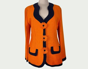 Chaqueta vintage de los años 80/90, divertida, naranja, con botones de flores y cuello elegante, de una boutique parisina. Top de noche de los años 80/90.