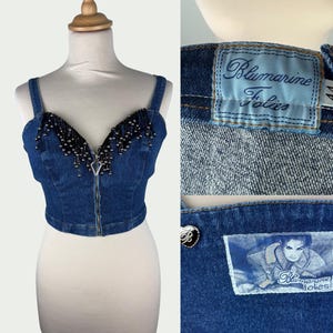 Vintage 2000s Blumarine Folies corset crop top in denim, sexy, falling beads, logo buttons, adjustable straps Top Made in Italy