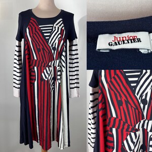 Gaultier Junior dress, size 16 yo, corresponds to a French size 36, blue, white, red, striped long sleeves, chic, evening wear