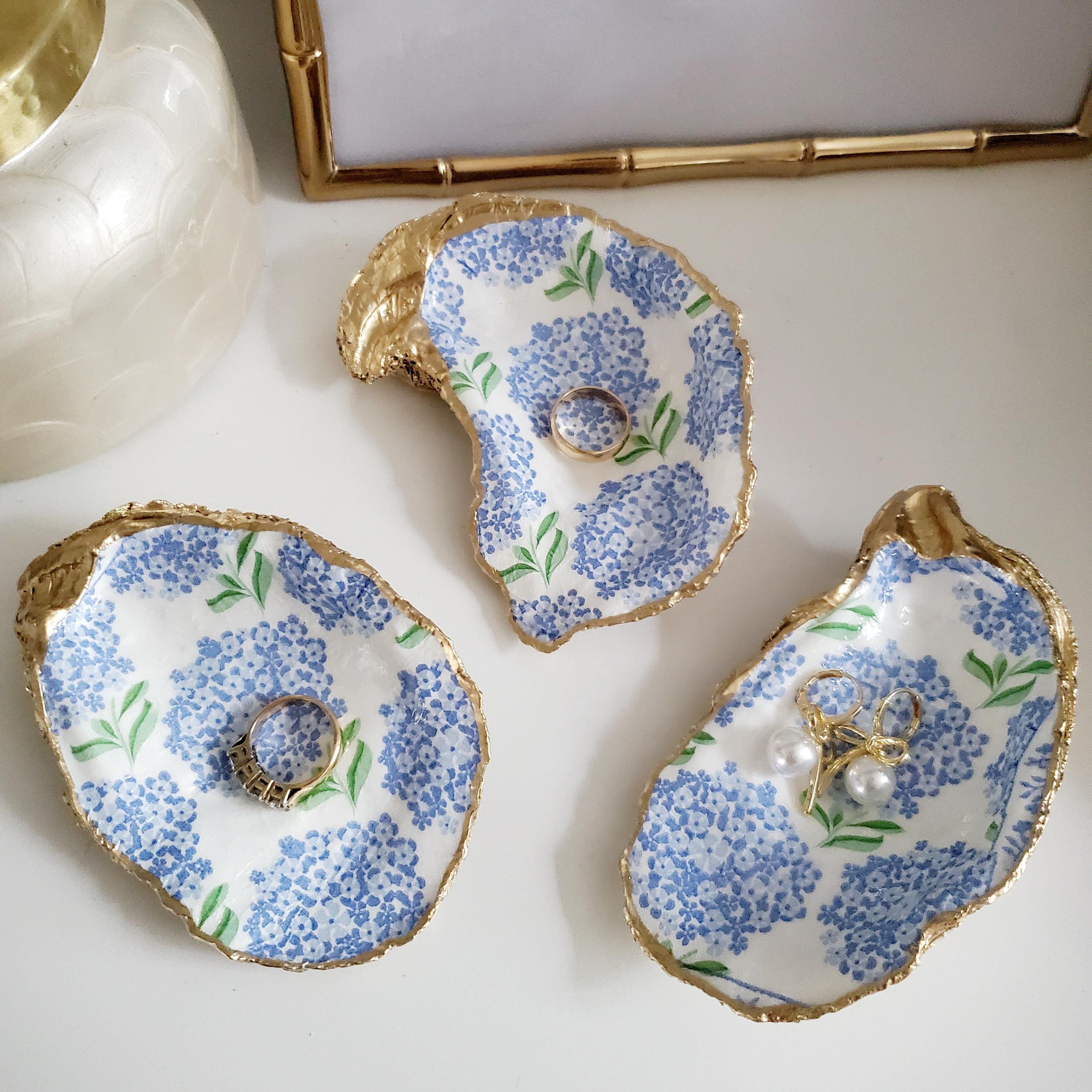 Nantucket Summer- Blue Hydrangea Oyster Shell Ring Dish, Trinket Dish, engagement gift, bridesmaid gift, proposal gifts, Something Blue,I Do
