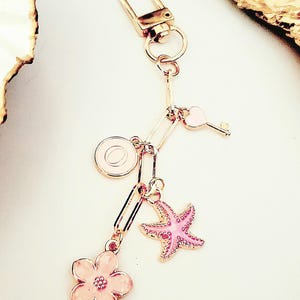 Coastal Charm- Bag Charm with Starfish, Seashell, Heart , Flower Charms | Custom Initial | Purse Accessory | Best Friend | Keychain