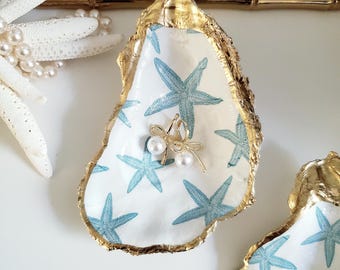STARFISH Oyster Shell Ring Dish, Coastal Charm Gift, Bridesmaid favor, Something Blue , Personalized Shell , Summer Girls Trip, Seaside gift