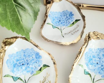 NANTUCKET BLOOM- Blue Hydrangea Floral Oyster Shell Ring Dish, Bridesmaid favors, Proposal gifts, Personalized Option, ACK, Summer Girl Trip