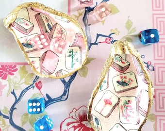 Mahjong Oyster Shell Trinket Tray • Mahjong Dice Dish • Pink Ring Holder • Decoupaged Jewelry Dish • Mahjong with Mah Girls