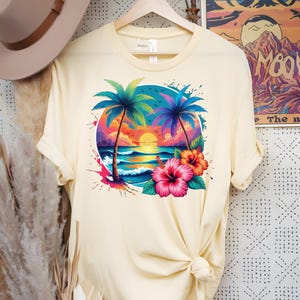 Tropical Sunset Beach T-Shirt Design Vibrant Palm Trees & Hibiscus Flowers Summer PNG Summer Png Beach Png T-Shirt Design Sweatshirt Png