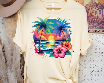 Tropical Sunset Beach T-Shirt Design Vibrant Palm Trees & Hibiscus Flowers Summer PNG Summer Png Beach Png T-Shirt Design Sweatshirt Png