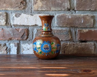 Vintage Hand Painted Wooden Vase Blue Flowers