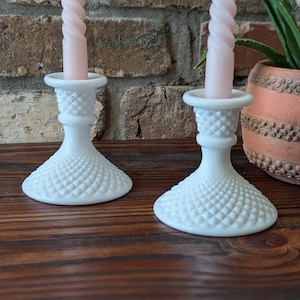 Westmoreland White Milkglass Hobnail Diamond Point Candlestick Holders Set of 2