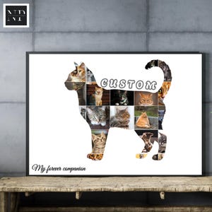 Peut inclure: Un collage photo en forme de chat encadré, avec le mot "CUSTOM" au centre. Le collage est rempli de diverses photos de chats. La phrase "My forever companion" est écrite en dessous.