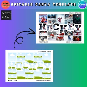 May include: Editable Canva template for a hockey team collage. The template features a collage of hockey players with the word "HOCKEY" in bold black letters. The text "CLASS OF 20XX" appears at the top of the template, and the text "YOUR TEAM" and "YOUR HIGH SCHOOL" appear at the bottom of the template.