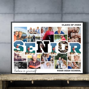 以下が含まれることがあります： 「SENIOR」という文字が大きく黒く書かれた白黒のコラージュ写真。文字は、より小さな人々の写真でいっぱいになっています。「CLASS OF 20XX」という文字が右上の隅に、「Believe in yourself」という文字が左下の隅に、「YOUR HIGH SCHOOL」という文字が右下の隅にあります。