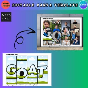 Peut inclure: Un modèle numérique de collage photo avec le mot "GOAT" en grandes lettres. Les lettres sont composées de photos plus petites de personnes. Le texte "LEGEND PULSE 2025" apparaît en haut du collage. Le texte "The journey of a thousand moves begins with a single step" apparaît en bas du collage.