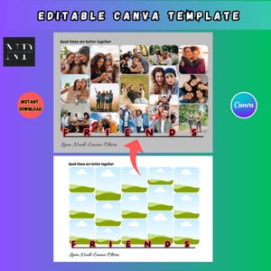 Peut inclure: Modèle numérique pour Canva avec un collage de photos et le mot "FRIENDS" en rouge. Le texte "Good times are better together" est également visible. Téléchargement instantané disponible.