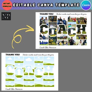 Peut inclure: Modèle Canva éditable pour un cadeau d'appréciation pour un entraîneur. Le modèle présente un collage de photos avec le mot "COACH" en grandes lettres. Le texte "Merci. Les meilleurs entraîneurs enseignent plus que le jeu." est en haut du modèle. Le texte "Coach Alex Harrison" est en bas du modèle.