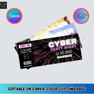 Peut inclure: Plusieurs billets d'événements personnalisables avec un design noir et violet. Les billets présentent le texte "CYBER PARTY NIGHT" et "DJ: MR. MARIO". Les billets mesurent 21,59 x 8,26 cm et sont modifiables sur Canva.