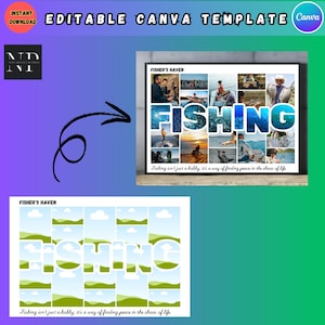 Peut inclure: Un modèle numérique de collage photo avec le mot "FISHING" en grandes lettres bleues. Le modèle est conçu pour être utilisé avec des photos de personnes à la pêche. Le texte "La pêche n'est pas qu'un passe-temps, c'est une façon de trouver la paix dans le chaos de la vie" est inclus dans le modèle.
