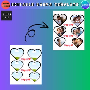 Peut inclure: Un modèle numérique pour un design Canva avec une grille de six cadres en forme de cœur avec des couples dans chaque cadre. Les cadres sont reliés par une chaîne de petits cœurs roses. Le modèle est conçu pour un thème romantique.